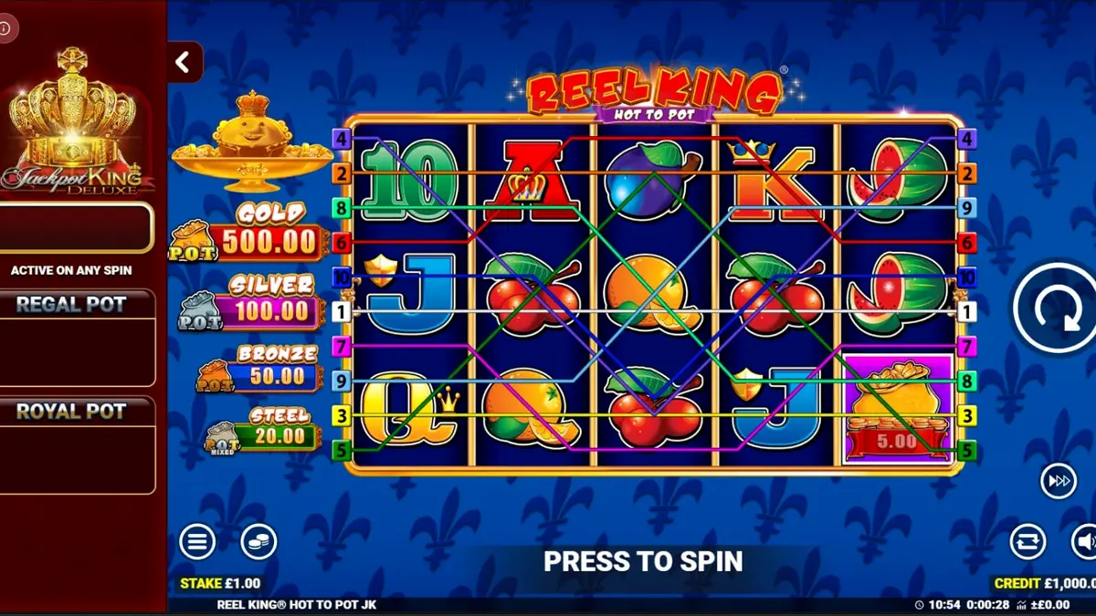 Tampilan visual slot Reel King: Hot to Pot dengan nuansa kerajaan dan simbol buah klasik.