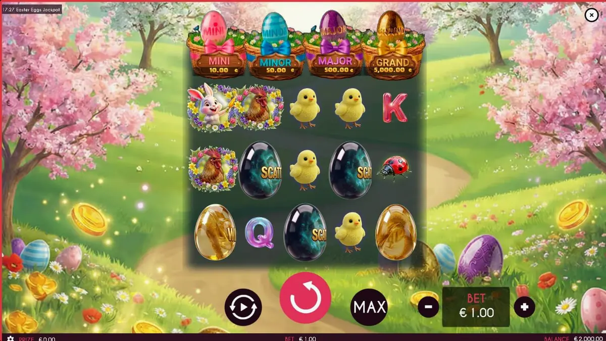 Tampilan visual slot Easter Eggs Jackpot dengan tema musim semi dan telur paskah